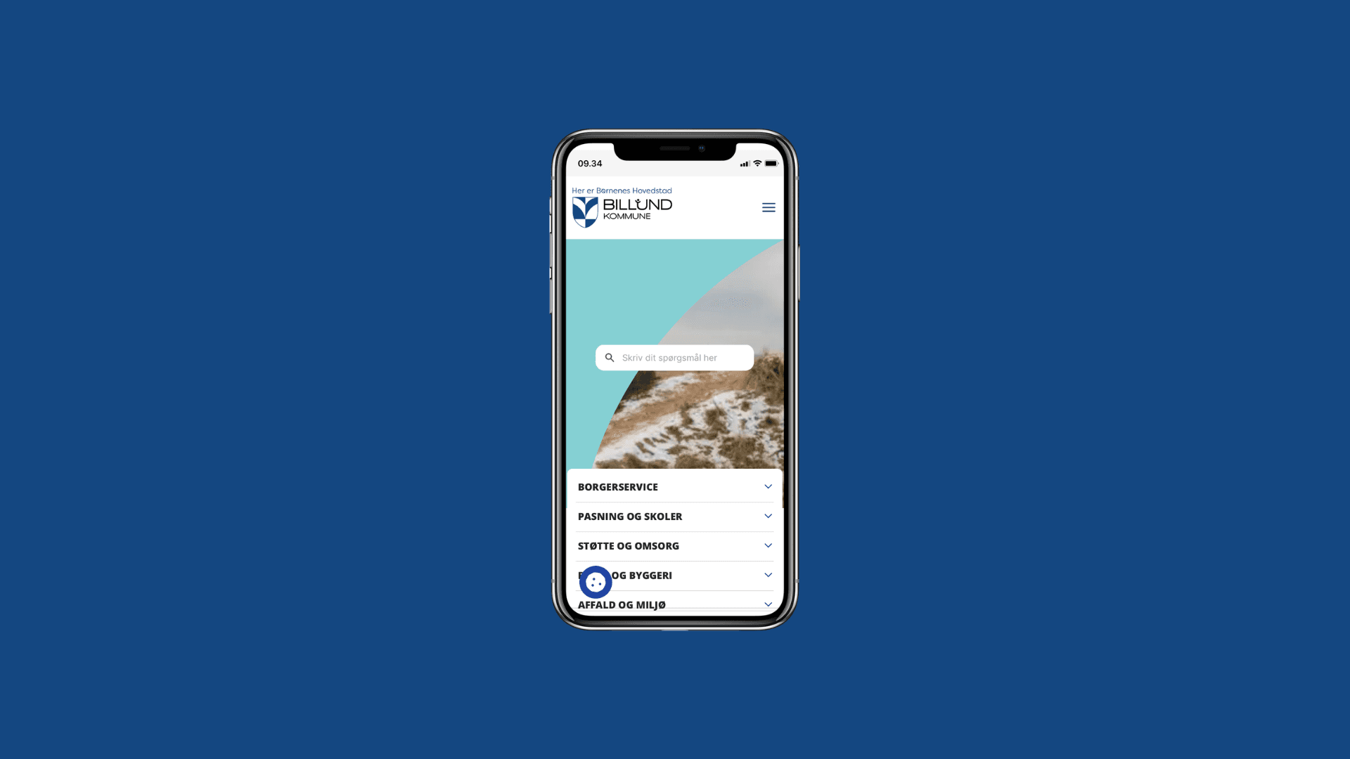 Billede af en mobil der viser Billund Kommunes website